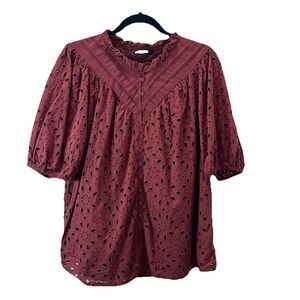 BTFBM Rust Boho Eyelet Crochet Lined Puff Sleeve Button Up Top Womens Size XL